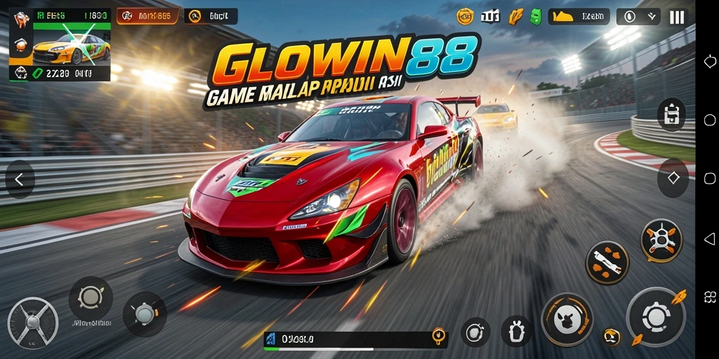 Screenshot GLOWIN88 menampilkan aksi balap mobil yang mendebarkan.