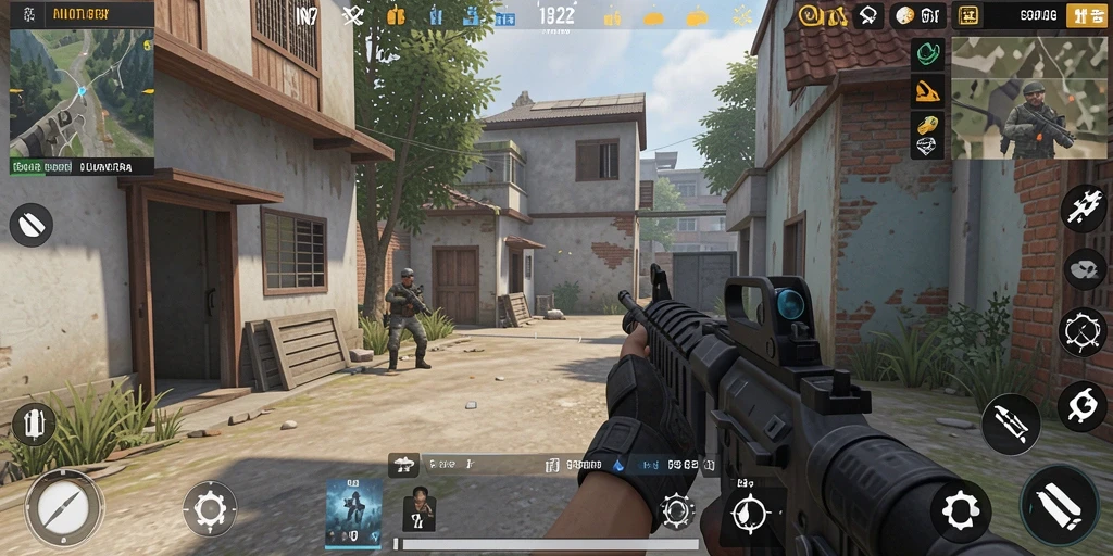 Screenshot utama IN22 menampilkan aksi tembak-menembak yang penuh adrenalin.