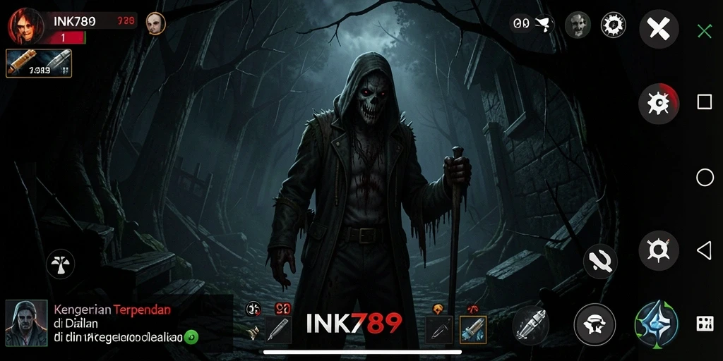 Screenshot permainan INK789 menampilkan suasana gelap dan mencekam.