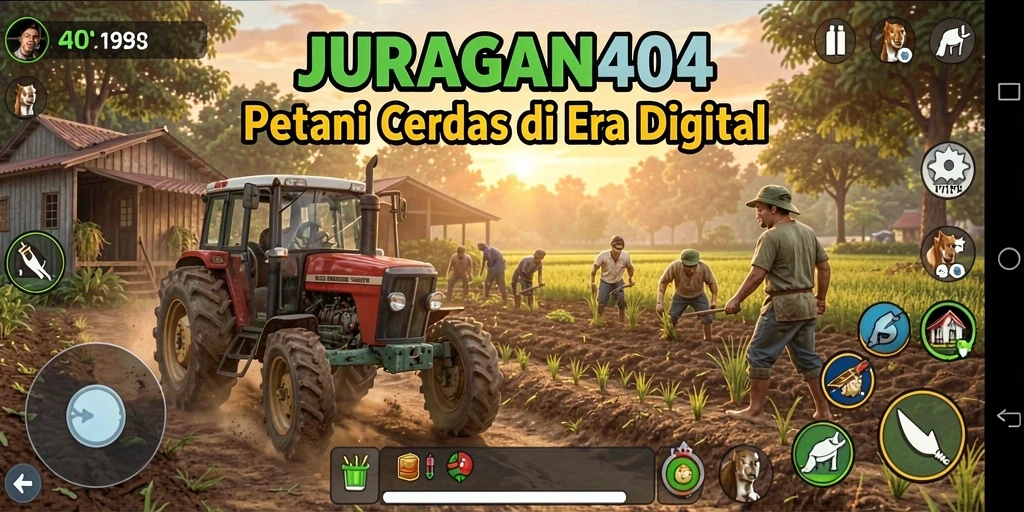 Tangkapan layar utama JURAGAN404 menampilkan serunya bertani dengan teman.
