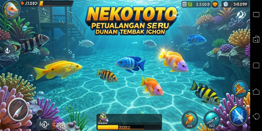 Screenshot gameplay NEKOTOTO menampilkan serunya menangkap ikan.